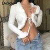 Darlingaga-T-shirt-manches-longues-en-fausse-fourrure-blanche-pour-femme-Cardigan-Sexy-lacets-haut-court
