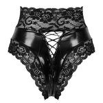 Culotte-ajour-e-en-cuir-verni-pour-femmes-culotte-taille-haute-garniture-en-dentelle-florale-sous