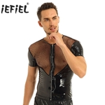IEFiEL-T-shirt-en-cuir-verni-pour-hommes-v-tements-de-club-la-mode-manches-courtes