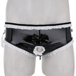 Lingerie-brillante-pour-hommes-culotte-Sexy-ouverte-devant-anneau-de-p-nis-garniture-volants-n-ud