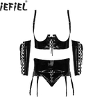 Ensemble-de-Lingerie-en-cuir-verni-pour-femmes-Sexy-Look-mouill-buste-ouvert-demi-tasses-Corset