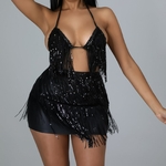 Soutien-gorge-lacets-et-jupe-en-Faux-cuir-pour-femmes-tenue-de-danse-Raves-franges-et