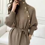 Robe-tricot-e-col-roul-pour-femmes-manches-longues-avec-boutons-style-cor-en-v-tements