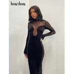 Hawthaw-robe-Midi-noire-en-maille-manches-longues-velours-transparent-moulante-soir-e-Club-printemps-automne