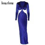 Hawthaw-longue-robe-moulante-en-velours-Sexy-manches-longues-col-en-V-Club-de-f-te