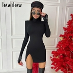 Hawthaw-Mini-robe-moulante-manches-longues-pour-femme-Streetwear-couleur-unie-noir-hanche-collection-printemps-automne