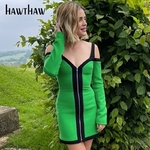 Hawthaw-Mini-robe-moulante-manches-longues-pour-femme-paules-d-nud-es-fermeture-clair-couleur-bloc