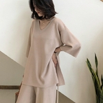 Knitting-Female-Sweater-Pantsuit-For-Women-Two-Piece-Set-Pullover-V-Neck-Long-Sleeve-Bandage-Top