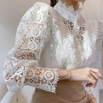 Chemisier-en-Dentelle-Fleurs-pour-Femme-Haut-Blanc-Manches-P-tales-Col-Montant-Ajour-Patchwork-Blouse