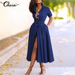 Celmia-Robe-l-gante-manches-longues-pour-femmes-boutons-revers-mode-d-contract-e-couleur-unie