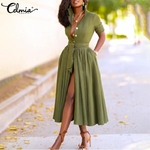 Celmia-Robe-l-gante-manches-longues-pour-femmes-boutons-revers-mode-d-contract-e-couleur-unie