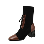 Mi-talon-bottes-chaussette-mince-femmes-automne-hiver-chaussures-bout-carr-lacets-talon-pais-botte