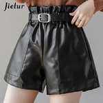 Jielur-Short-en-cuir-PU-pour-femme-Slim-taille-haute-couleur-unie-Chic-ceinture-cor-enne