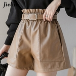 Jielur-Short-en-cuir-PU-pour-femme-Slim-taille-haute-couleur-unie-Chic-ceinture-cor-enne