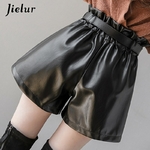 Jielur-Short-en-cuir-PU-pour-femme-Slim-taille-haute-couleur-unie-Chic-ceinture-cor-enne