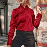 Celmia-chemisiers-en-Satin-jaune-manches-longues-pour-femmes-col-torsad-l-gant-la-mode-bureau