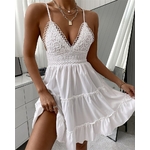 Robe-d-t-pour-femmes-couleur-unie-Crochet-bretelles-Spaghetti-col-en-v-dos-nu-bretelles