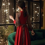 Robe-de-Cocktail-Vintage-manches-longues-boutons-ligne-a-noir-rouge-grande-taille-Robes-pour-femmes