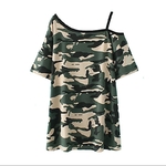 T-shirt-manches-courtes-pour-femmes-haut-d-contract-imprim-Camouflage-paules-d-nud-es-ample