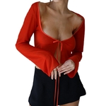 Haut-court-Transparent-pour-femmes-chemise-Sexy-manches-longues-Cardigan-nouer-de-couleur-unie-T-shirt