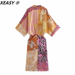 XEASY-Robe-Vintage-imprim-e-taille-lastique-fente-frontale-Midi-perles-col-en-V-drap-e