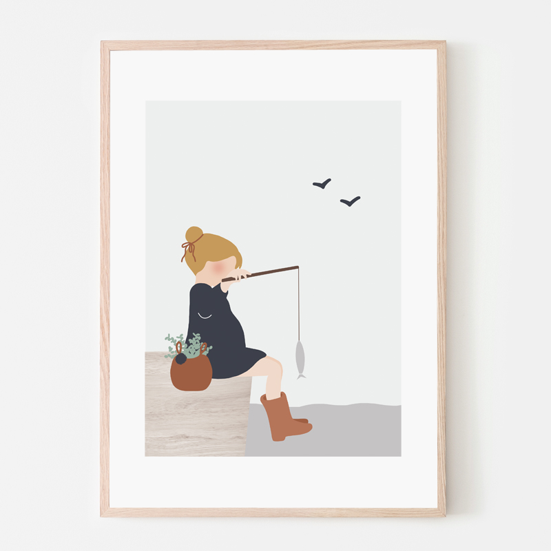 SI - week-end peche - 210x297 A4 - affiche - illustration petite fille canne à peche et poisson