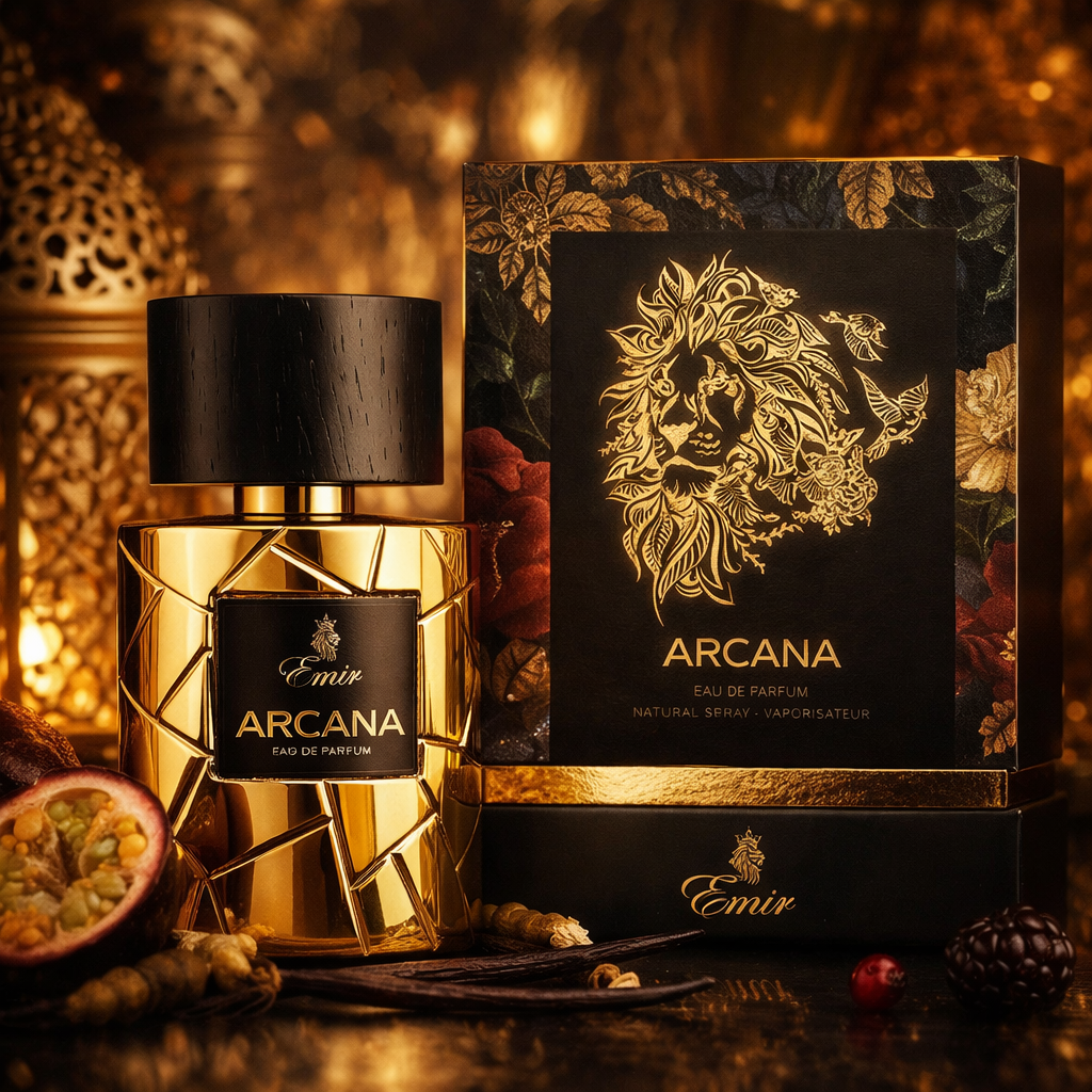 Arcana Emir Eau de Parfum 100ml flacon doré et boîte noire parfum femme fruité vanillé