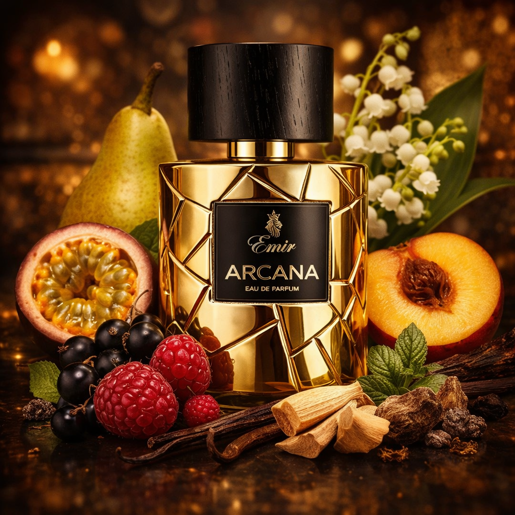 Arcana Emir Eau de Parfum 100ml bouteille dorée avec fruit de la passion framboise poire vanille et bois de santal