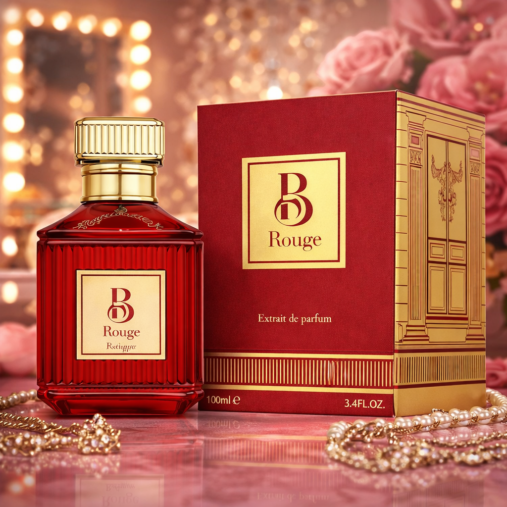 B Rouge Fragrance World Extrait de Parfum 100ml flacon rouge et boîte dorée parfum ambré boisé intense