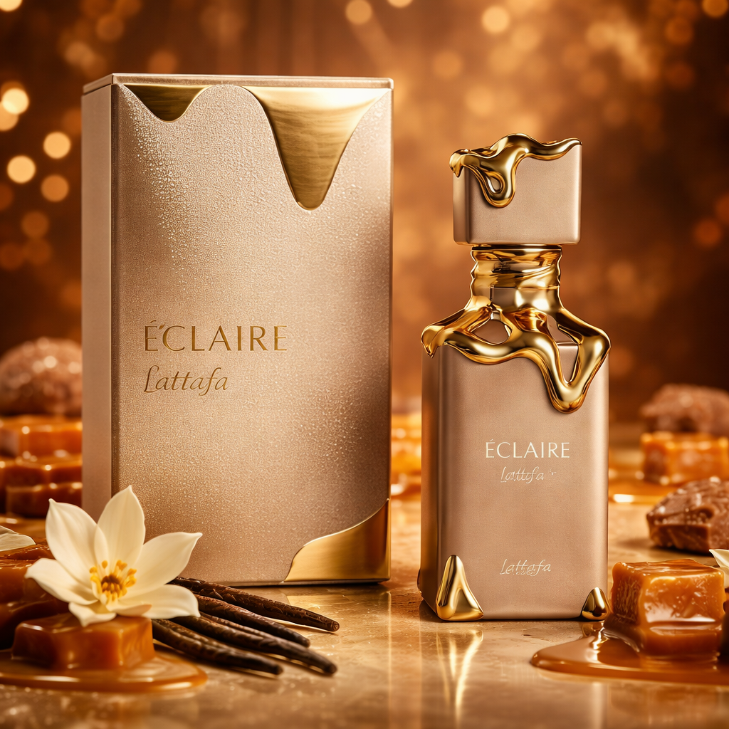 Éclaire Lattafa parfum gourmand femme 100ml avec boîte caramel vanille praliné