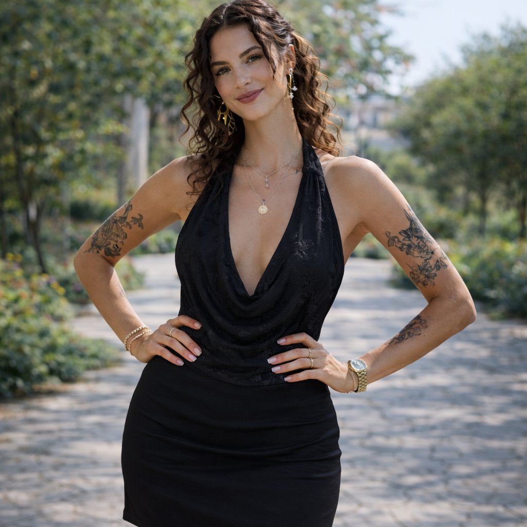 Robe dos nu noire en dentelle avec col drape, coupe moulante chic ete, portee par femme tatouee en decor jardin lumineux