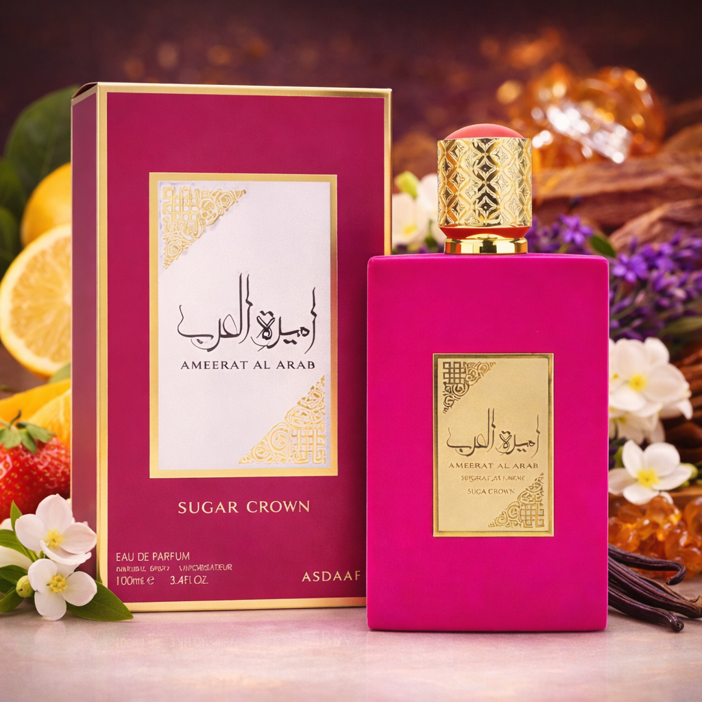 Ameerat Al Arab Sugar Crown Asdaaf 100ml – flacon rose fuchsia et boîte dorée parfum oriental sucré fruité