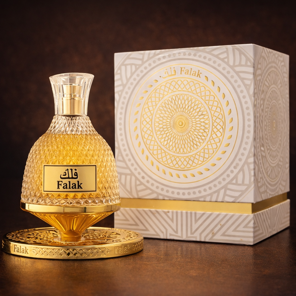 Falak Nusuk eau de parfum – flacon doré et boîte blanche motif oriental luxe parfum gourmand oriental