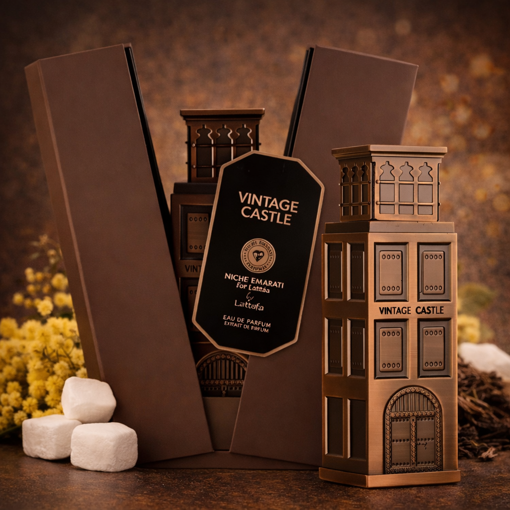 Vintage Castle Lattafa Niche Emarati – parfum patchouli femme et homme flacon château bronze avec coffret luxe