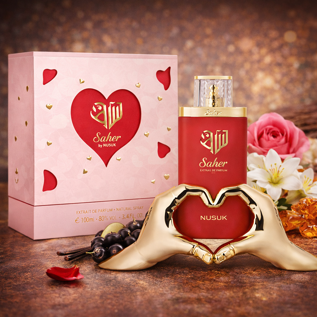 Saher by Nusuk extrait de parfum 100ml – coffret rose et flacon rouge coeur notes florales, vanille et ambre