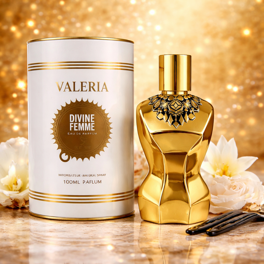 Valeria Divine Femme eau de parfum 100ml avec boîte parfum femme accord salé fleur de lys meringue
