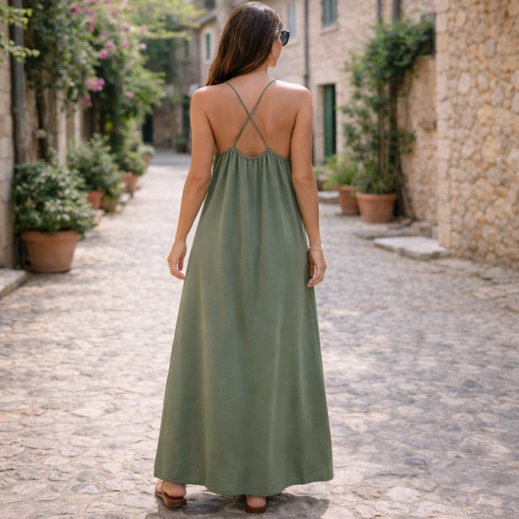 Robe longue fluide kaki dos croisé vue de dos femme taille unique été