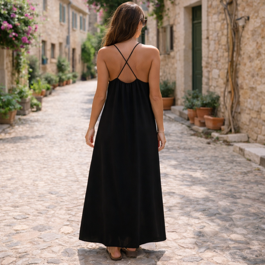 Robe longue fluide noire dos croisé vue de dos femme élégante été