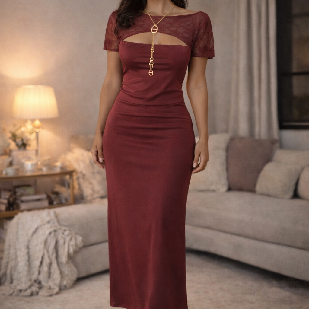 Ensemble dentelle bordeaux femme porté ambiance cosy