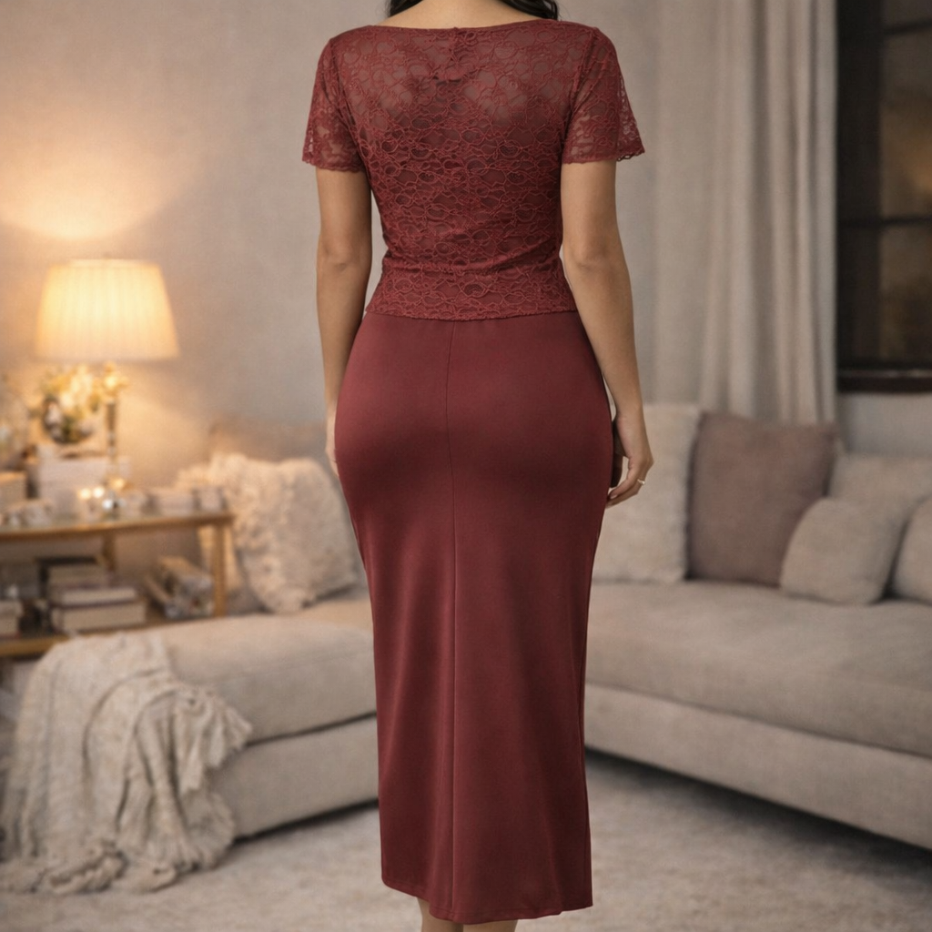 Ensemble bordeaux dentelle vue de dos élégant