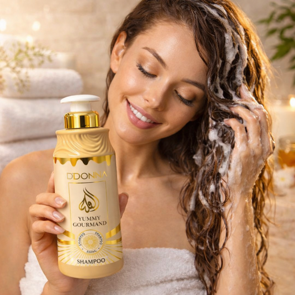 Femme utilisant shampoing D’Donna caramel vanille cheveux brillants