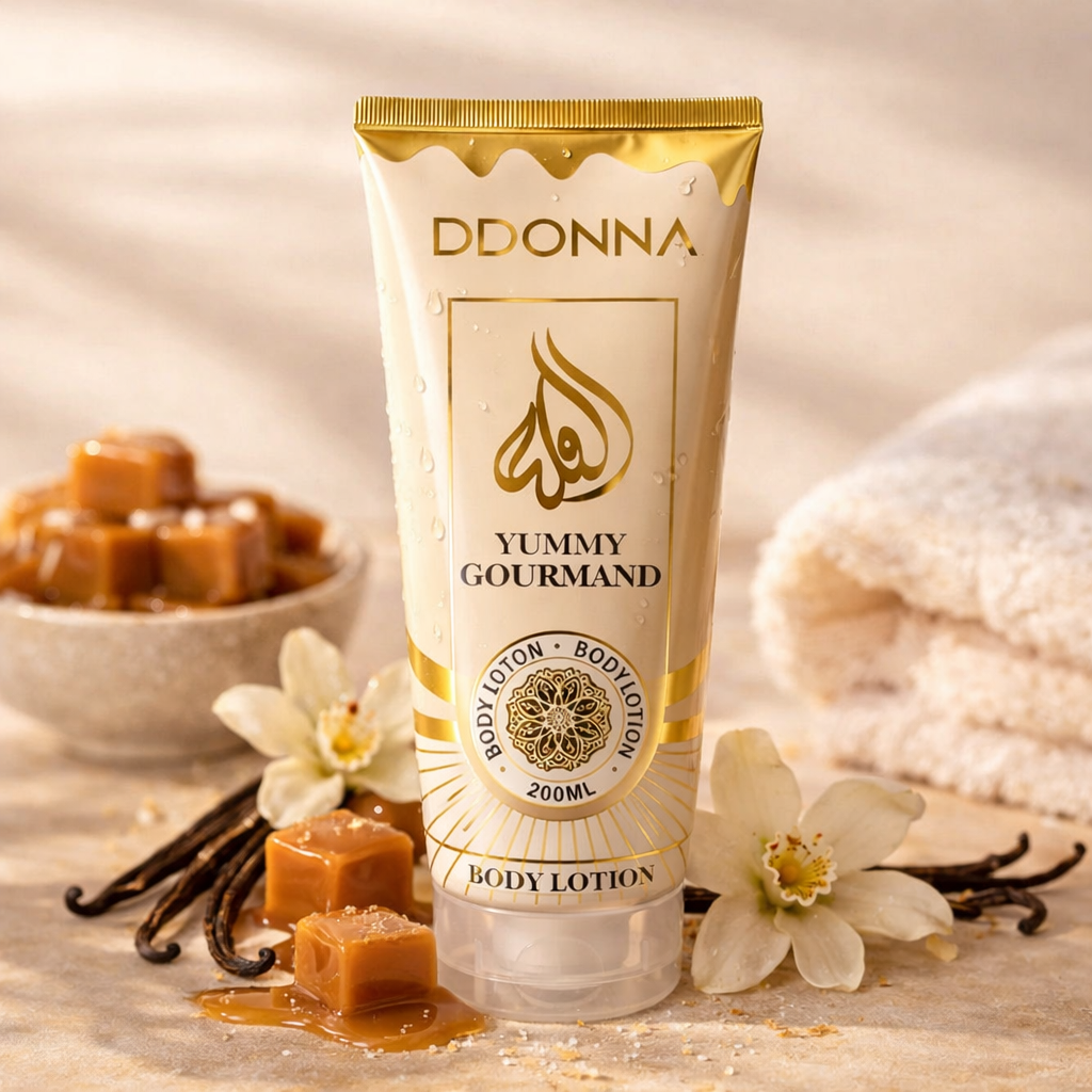 Lotion corps D’Donna Yummy Gourmand caramel vanille 200ml produit seul ambiance spa