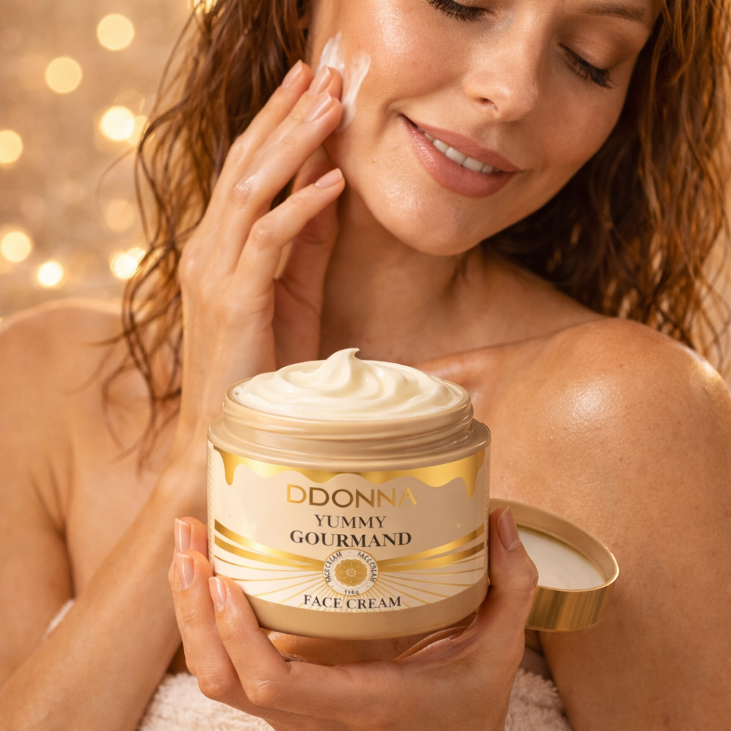 Femme appliquant crème visage D’Donna caramel vanille peau douce lumineuse