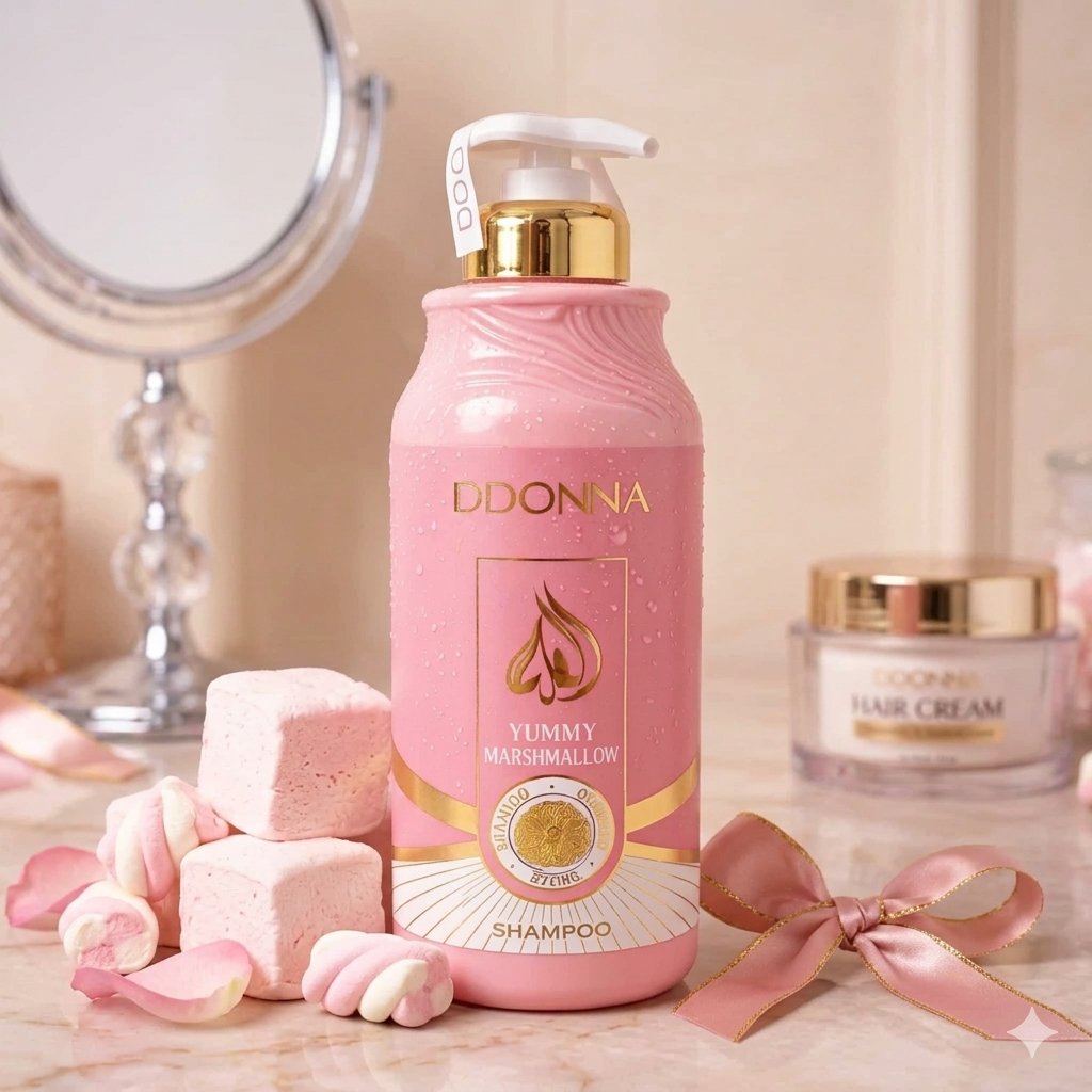 Shampoing D’Donna marshmallow 520 ml produit fond rose ambiance gourmande