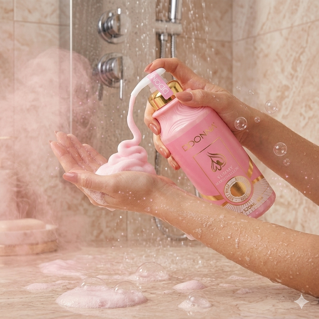 femme utilisant gel douche marshmallow D’Donna mousse douce