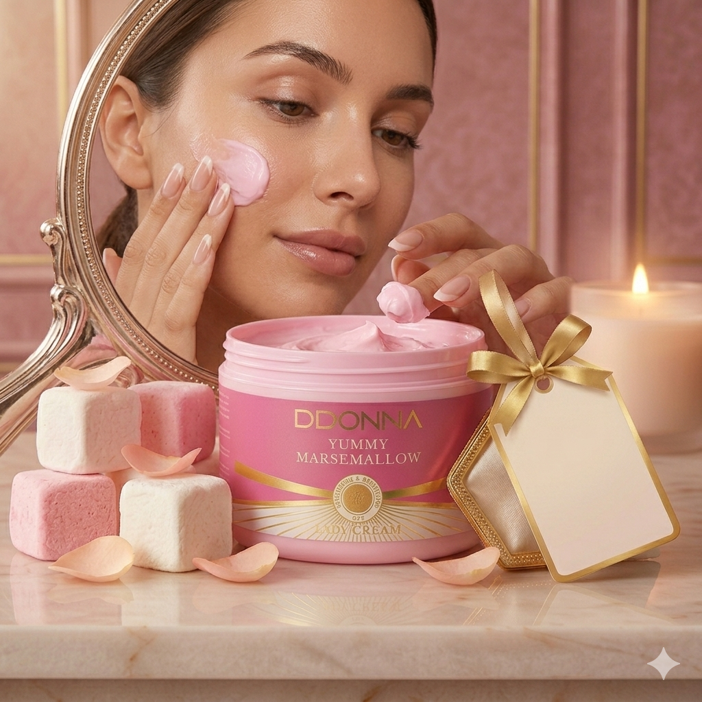 femme appliquant crème visage marshmallow D’Donna peau hydratée douce