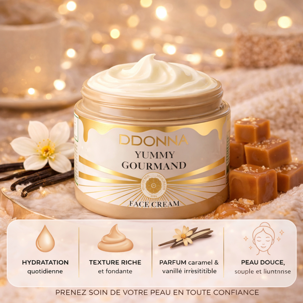 crème visage D’Donna caramel vanille hydratation texture riche peau douce lumineuse soin visage luxe