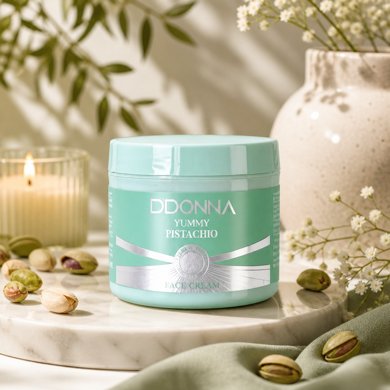 Crème Visage Yummy Pistachio D’Donna 115G – soin hydratant gourmand à la pistache pour une peau douce, nourrie, éclatante et délicatement parfumée.