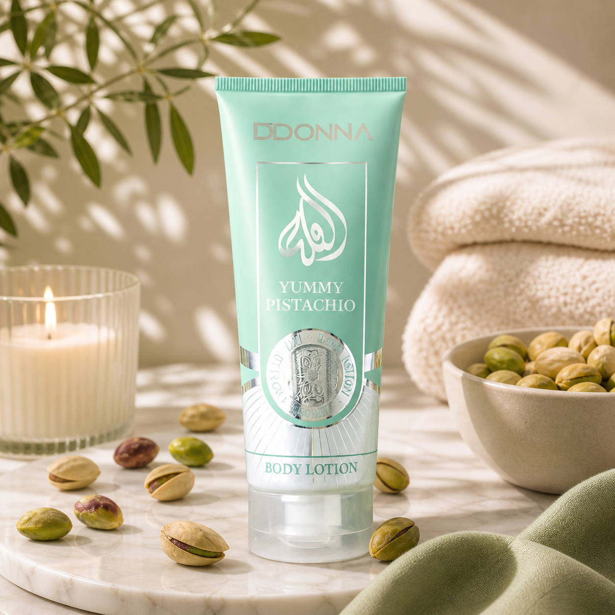 Body Lotion Yummy Pistachio D’Donna 200ML – lotion corps hydratante gourmande à la pistache pour une peau douce, souple et délicatement parfumée.