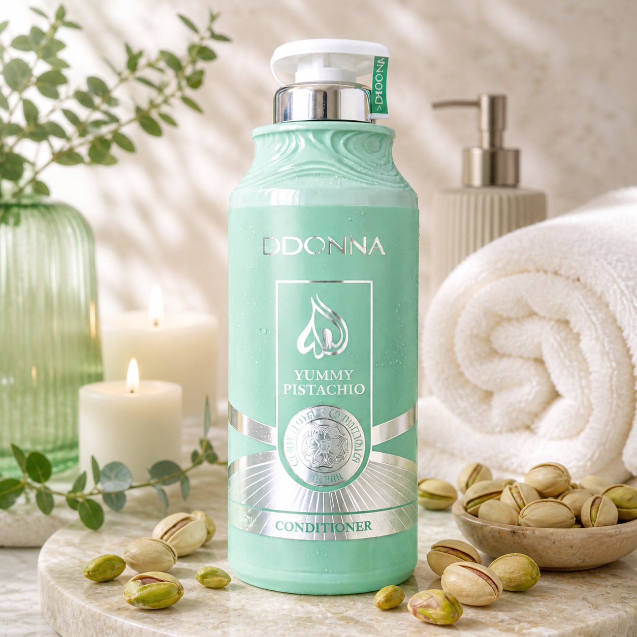 Après-Shampoing Yummy Pistachio D’Donna 520ML – soin capillaire gourmand à la pistache pour des cheveux nourris, doux, brillants, faciles à démêler et délicatement parfumés.